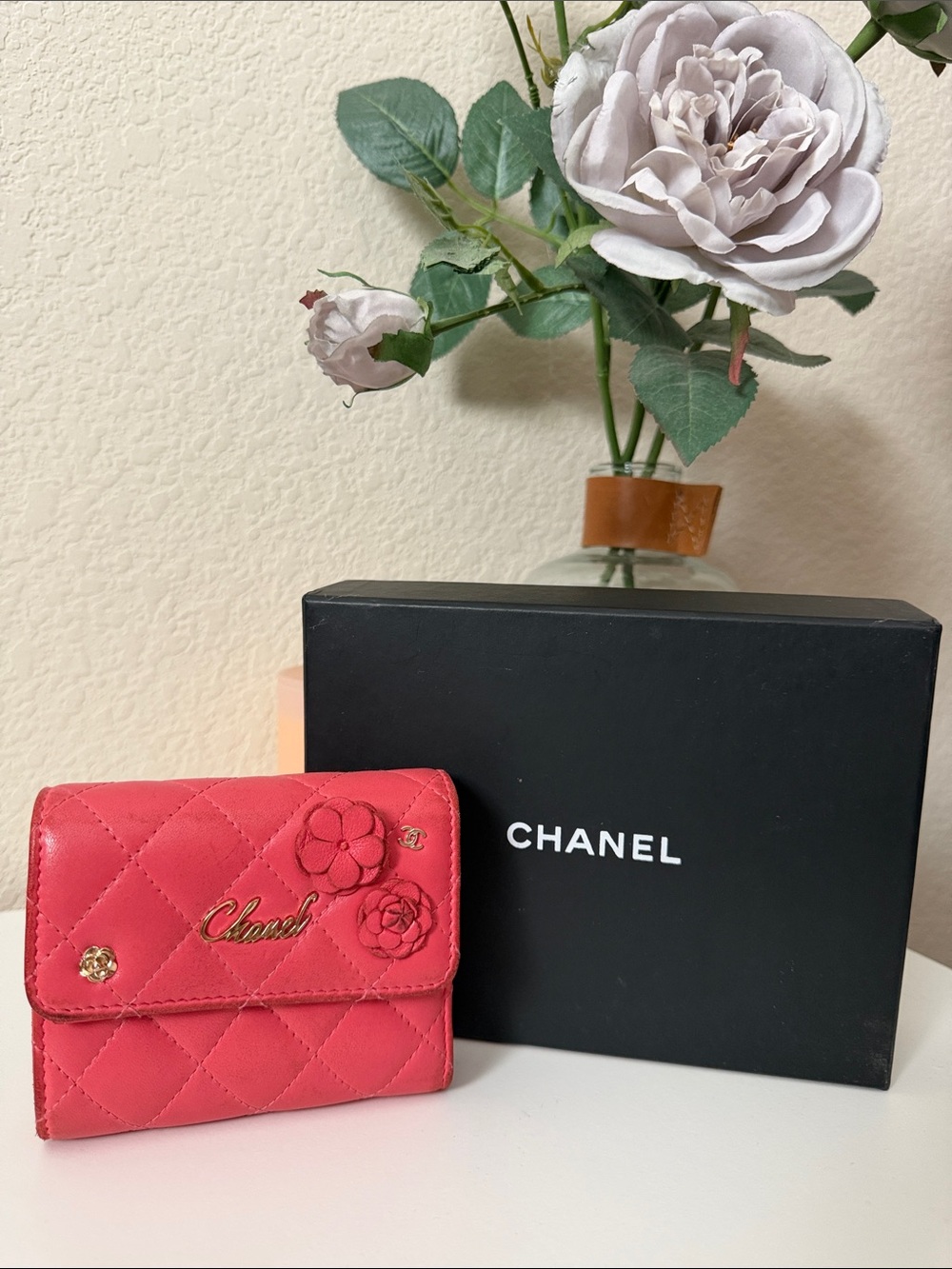 Vintage CHANEL Quilted Leather Small Wallet with Camellia Accents